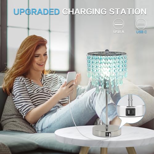 Touch Control Crystal Table Lamp, 3-Way Dimmable Lamp with USB A+C Ports - color: Light Teal