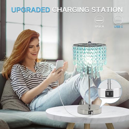 Touch Control Crystal Table Lamp, 3-Way Dimmable Lamp with USB A+C Ports - color: Light Teal