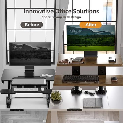 Claiks 24-Inch Sit-Stand Workstation，Innovative Space-Saving Height-Adjustable Ergonomic Desk Converter with Wide Keyboard Tray，Dual Fixation and Flexible Rotation Function, Rustic Brown - color: White, size: 24 inch