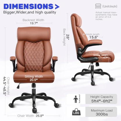 High Back Executive Office Chair - Ergonomic Computer Desk with Rocking Function, Leather Managerial with Adjustable Flip-Up Armrests and Lumbar Support - color: Brown, style: Without Footrest