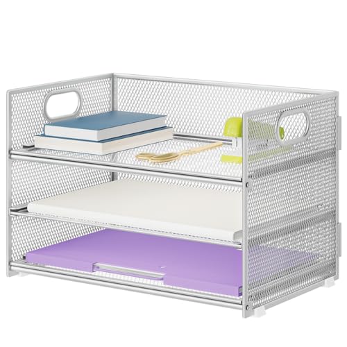 Marbrasse 3 Tier Paper Organizer Letter Tray, Mesh File Organizer with Handle, Paper Sorter Desk Organizer for Home Office Supplies - Silver - color: Silver