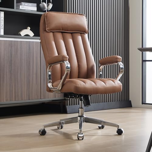 Okeysen Executive Office Chair, Modern Leather Chair with Headrest & Lumbar Support, High Back Ergonomic Chair with Padded Armrests & Seat, Height Adjustable Swivel Rolling Chair for Home Office. - color: Brown