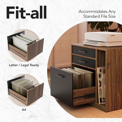 HUANUO 85" Electric L Shaped Standing Desk with File Cabinet, Walnut | 65"x58" 2-Tier L-Desk,File Cabinet, 6 Drawers,220lbs Carbon Steel,4 Memory Presets, 27.6"-46.5" Adjustable Height - color: Walnut, size: 6 Drawers+File Cabinet