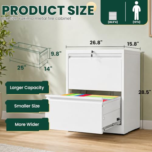 2 Drawer Lateral File Cabinet, 26.8"W Filing Cabinet for Home Office, White | Heavy-Duty Steel Locking File Cabinet, Hanging Letter/Legal/A4 Size, Full-Extension Drawer, Assembly Required - color: White, size: 2 Drawers (26.77 in Width)