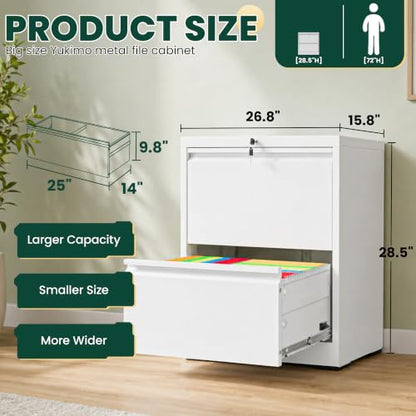 2 Drawer Lateral File Cabinet, 26.8"W Filing Cabinet for Home Office, White | Heavy-Duty Steel Locking File Cabinet, Hanging Letter/Legal/A4 Size, Full-Extension Drawer, Assembly Required - color: White, size: 2 Drawers (26.77 in Width)