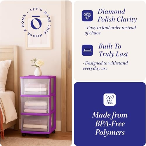 HOMZ Drawer Tower, 3-Tier Storage Cart w/Removable Wheels, Purple, 2 Pack - color: Purple, size: 2 Pack