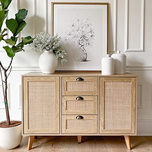 PHI VILLA Rattan Cabinet with Storge, Sideboard Buffet with Doors & Drawers | Natural Rattan Oversized Nightstand, 3 Drawer Dresser & 2 Doors, Chest of Drawers for Bedroom, Entryway, Living Room - color: Rattan