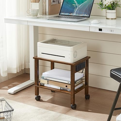 YUFAM 2 Tier Under Desk Printer Stand with Charging Station, Brown | Wooden Small Printer Table for Home Office, Rolling Printer Cart Shelf with Lockable Wheels - color: Brown, size: 11.8"D×15.7"W×15.3"H(With USB)