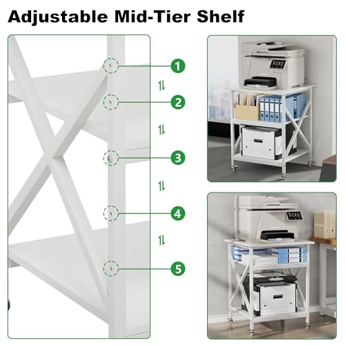 3 Tier Printer Stand, Large 23.6"x23.6" Printer Table with Wheels | 3d Rolling Printer Cart with Height Adjustable Storage Shelf,Fit printer/fax/3d/scanner for Home Office, White - color: White