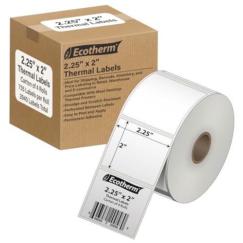 2.25" x 2" Thermal Labels | 4 Rolls | 2940 Labels | fits Zebra, Munbyn, Rollo, Godex, Arkscan, iDPRT, Offnova Thermal Label Printers and More | Blank White Adhesive Stickers by Ecotherm - size: 2.25 x 2 - 2940 Labels