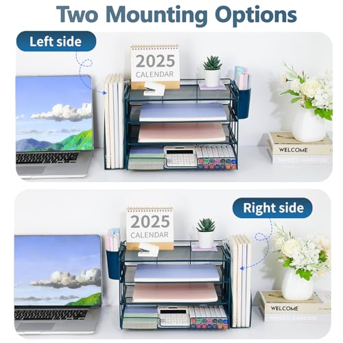 OPNICE Desk Organizer, 4-Tier Desktop File Organizer with Drawer and Pen Holders, Office Desk Accessories, File Sorters, Workspace Organizers for Office Supplies(Dark Blue) - color: Dark Blue, size: 4T