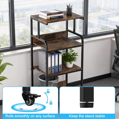 Rustic Brown 4 Tier Adjustable Mobile Printer Stand Rolling Cart | Tall space saving design for small home office holds scanner cricut heat press fax machine and various desktop equipment - color: 4-Tier Rustic Brown