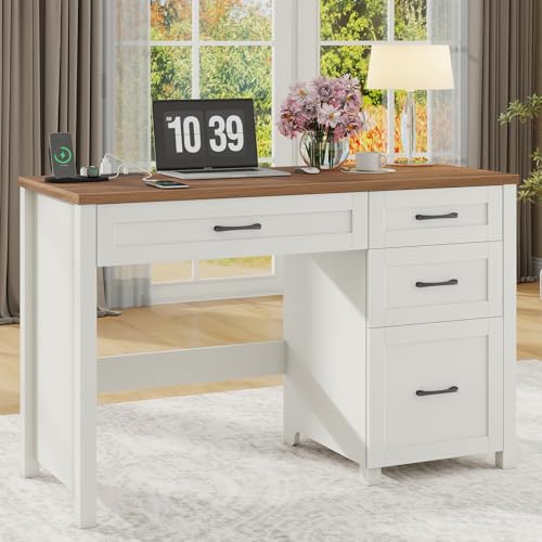 Farmhouse 47" Executive Desk, Computer Desk with File Drawer, Off White - color: Off White, size: Right Mounted