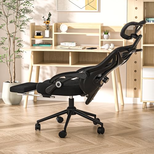 CYKOV Ergonomic Office Chair with Footrest - Adjustable Lumbar Support & Headrest, 90-135° Reclining Mesh Back Computer Chair - Home Office/Gaming, 350lbs Capacity - color: Black