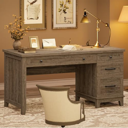 53.5" Farmhouse Home Office Desk with File Cabinet, Wooden Executive Desk with Power Outlet, Work Desk with Drawers, Traditional Wood Desk for Home and Office, Gray - color: Grey