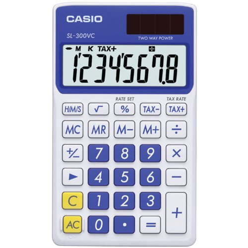 Casio SL-300VC Solar Powered Standard Function Calculator, Blue | Compact solar pocket calculator for everyday basic math at home, school or office - color: Blue