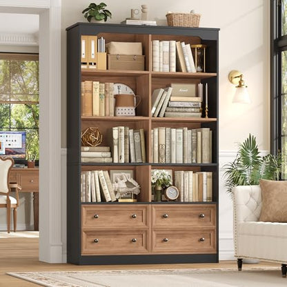71" Tall Bookshelf with 4 Drawers Large Bookshelf Office Bookcase | 6-Tier Double Wide Bookshelves and Bookcases with Storage, Tall Bookshelf Standing Book Cabinet for Home Office, Brown/Black - color: Brown/Black