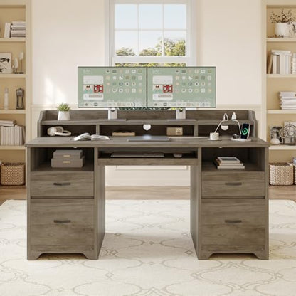 Bestier 59" Executive Desk with Charging Station & Monitor Stand, Grey - color: Grey