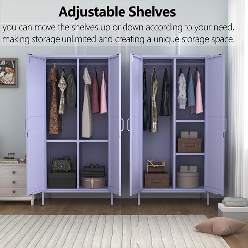 Metal Wardrobe with Lock, 67"Clothing Steel Storage Cabinet Locker, Hanging Rod And Adjustable Shelves, Puple 2 Doors Household kids wardrobe closet Lockers for Bedroom Cloak Room Home Office Gym - color: Purple, style: 67"H-Wardrobe-DY