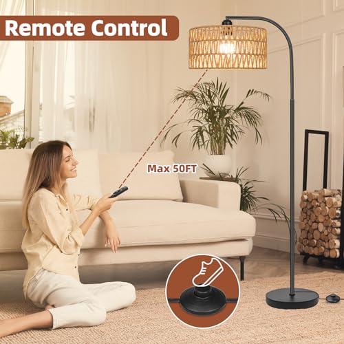 Rattan Floor Lamps for Living Room with Dimmable 9W LED Bulb Farmhouse | Remote Control Boho Standing Lamps with Rattan& Linen Double Shades, Arc Lamps Reading Floor Tall Lamp for Bedroom - style: Cylinder-Black