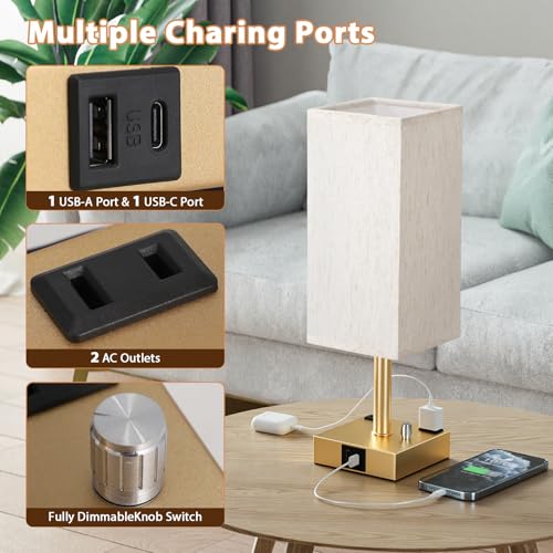 Gold Bedside Table Lamps Set of 2 - Dimmable, USB C+A, 2 AC Outlets | Stepless Dimmable by Rotary Knob, 3000K LED Bulbs Included, Square Cream Linen Shade, Nightstand Lamp for Living Room, Desk - color: Gold