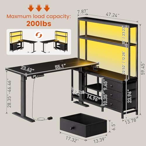 REAHOME 65Inch Black L Shaped Standing Desk with Drawers and Hutch | Charging Station, RGB LED lights, Reversible Desk, File Drawer& Storage Cabinet for home office, Dual Motor Sit Stand Frame - color: Black