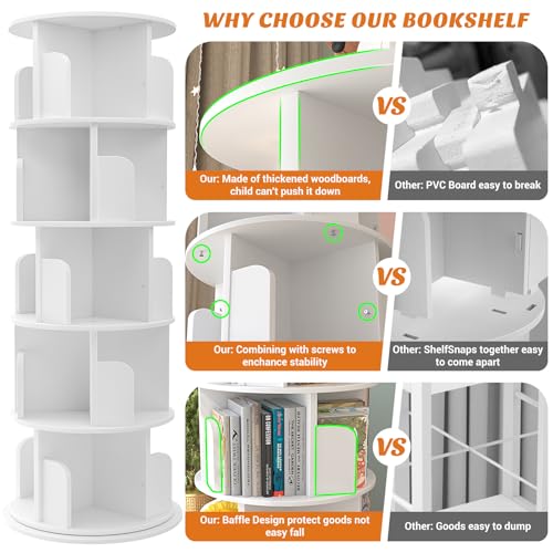 Aheaplus 5 Tier Wood Rotating Bookshelf, 360° Spinning Book Shelf Tower - color: White, size: 5-Tier