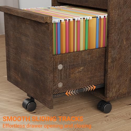 Garvee Rolling File Cabinet with 3 Drawers, Wood Mobile Filing Cabinet for Home Office, Under Desk Printer Stand with Wheels, Large File Drawer, 2 Locking Casters, Brown - color: Brown