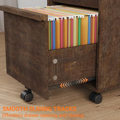 Garvee Rolling File Cabinet with 3 Drawers, Wood Mobile Filing Cabinet for Home Office, Under Desk Printer Stand with Wheels, Large File Drawer, 2 Locking Casters, Brown - color: Brown