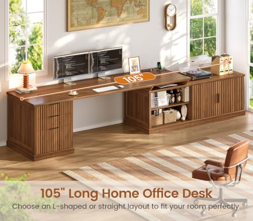 SEDETA Fluted 70.9" L Shaped Desk with Drawers, Fluted Brown - color: Fluted Brown, size: 70.9" L Shaped Desk