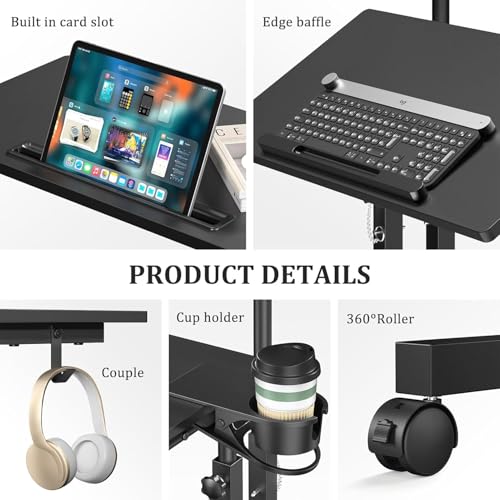 Simple Deluxe Split Top Rotating Standing Desk on Wheels – 23.6" Manual Adjustable Height Mobile Laptop Computer Table – Sit Stand Rolling Workstation with Tilt Function– Black - color: Black