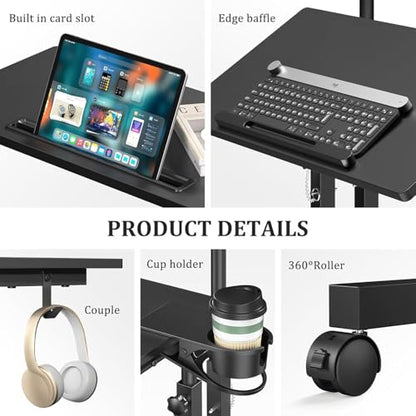 Simple Deluxe Split Top Rotating Standing Desk on Wheels – 23.6" Manual Adjustable Height Mobile Laptop Computer Table – Sit Stand Rolling Workstation with Tilt Function– Black - color: Black