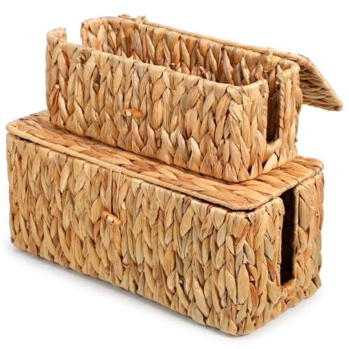 2 Pack Rattan Cable Management Box with Lid & 2 Side Open Slots