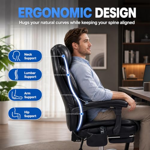 MALOL Executive Office Chair, 22.05" Wide Leather Ergonomic Office Chair with Lumbar Support, Footrest and 6-Point Vibration Massage, Reclines 94°-125° for Home Office Room, Black