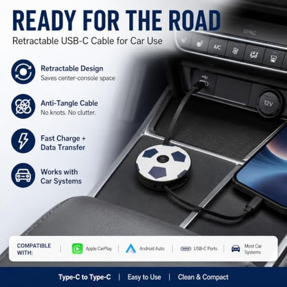 Retractable USB-C to USB-C Cable 132W Fast Charging Anti-Tangle Type C to Type C Cable,Soccer-Shaped Fun Spinner,Car Travel Essentials for iPhone 17/16/15,Galaxy S25/S24/S23,Pixel 9/8