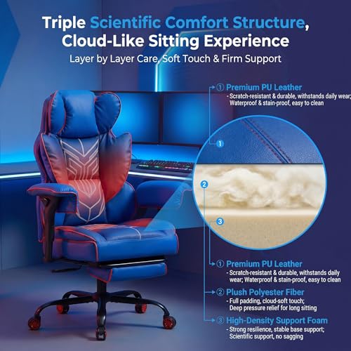 Big and Tall Gaming Office Chair 400lbs - Heavy Duty Ergonomic Computer Desk Chair with Footrest, Adjustable Armrests, High Back PU Leather with Racing Style (Blue/Red) - color: Blue/Red