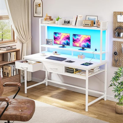 DurayLoly 47.2" Computer Desk with Hutch, LED Lights and Monitor Stand - color: White, size: 18.9"D x 47.2"W x 61.1"H