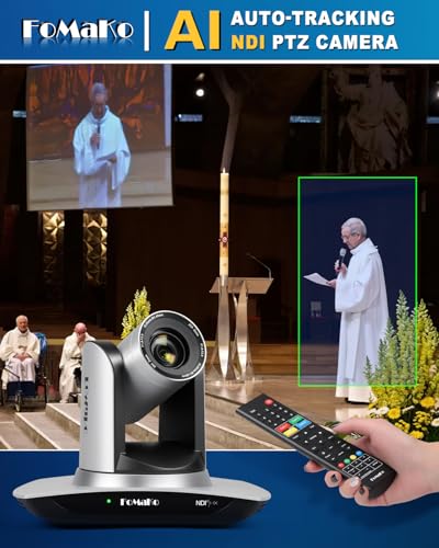 FoMaKo NDI PTZ Camera, AI Auto-Tracking Gen 3, 20x Optical Zoom LAN USB3.0 HDMI PTZ Camera for Church Services Worship Education (NDI 6 & NDI HX3 Certified) FMK20UH NDI - color: Silvery