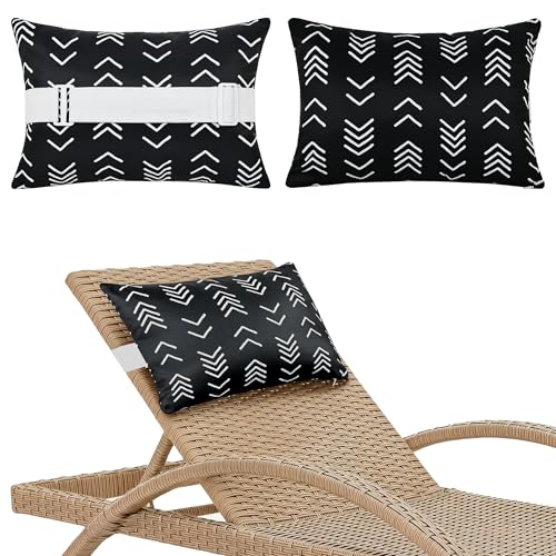 Black Geometric Outdoor Chaise Lounge Head Pillow 11"x16" Set of 2 | Waterproof Lumbar Pillows with Insert Adjustable Elastic Strap, Neck Attachment for Recliner Patio Beach Pool - color: Black Geometric