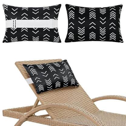 Black Geometric Outdoor Chaise Lounge Head Pillow 11"x16" Set of 2 | Waterproof Lumbar Pillows with Insert Adjustable Elastic Strap, Neck Attachment for Recliner Patio Beach Pool - color: Black Geometric