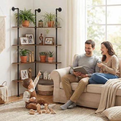Industrial Pipe Corner Bookshelf, Wall Ladder Shelves/Shelving/Bookcase | 4 Tiers Wood Floating Shelf, Heavy Duty L Shaped Metal Pantry Shelving Rack for Living Room, Bedroom, Home, Office, Kitchen