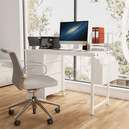 Computer Desk Workstation Tabletop Charging Station 2 Outlets USB Type-C,Reversible Drawer Cabinet Organizer,Foldable Fabric Bins,Side Pocket Holder,Metal X-Frame Stability,Adjustable Feet (White)