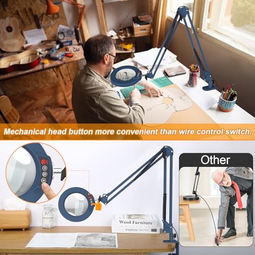 12X Large Magnifying Glass with Light and Clamp, Real Glass, 5 Color Modes, Stepless Dimmable, 2 x 16 Inch Adjustable Swing Arm Stand Desk Lamp, LED Lighted Magnifier Hands Free for Close Work - Blue - color: Blue, size: 12X 32inch Clamp