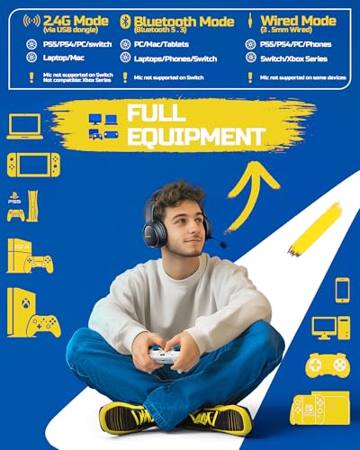 BINNUNE Wireless Gaming Headset — 2.4GHz Low-Latency USB Dongle + Bluetooth, 50mm Drivers 7.1 Surround, Noise-Cancelling Mic, 40H Battery — Over Ear Wireless Headphones for PS5, PC, Laptop, Yellow - color: Yellow