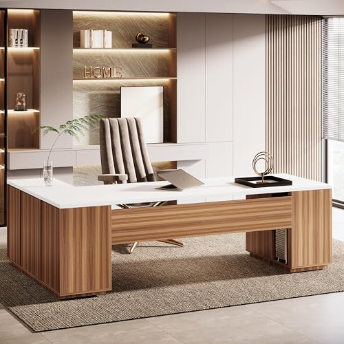 Tribesigns 85.8-Inch L-Shaped Executive Office Desk with File Drawers & Storage Cabinet, Professional Corner Computer Desk Extra Large Business Workstation with Adjustable Shelves (White&Walnut) - color: White&walnut