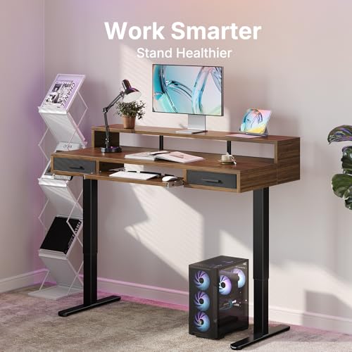HUANUO 63″ x 26″ Electric Standing Desk with 2 Drawers &24.4″ Large Keyboard Tray, C-Clamp Mount Compatible, Adjustable Computer Desk for Office, Sit Stand Up Desk with 4 Height Presets, Deep Walnut - color: Deep Walnut, size: 63*26 inch