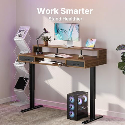 HUANUO 55″ x 26″ Electric Standing Desk with 2 Drawers &24.4″ Large Keyboard Tray, C-Clamp Mount Compatible, Adjustable Computer Desk for Office, Sit Stand Up Desk with 4 Height Presets, Deep Walnut - color: Deep Walnut, size: 55*26 inch
