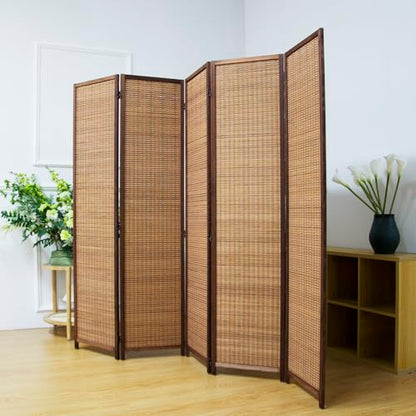 5 Panel Bamboo Room Divider Screen,5.6 FT Tall Bamboo Divider Folding Privacy Screen,Freestanding Panel Divider for Room Seperation,Brown - color: Brown, size: 5 Panel