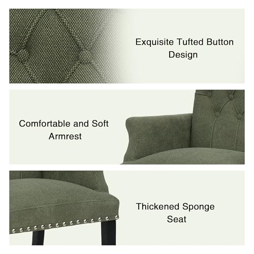 LOULENS Linen Dining Chair with Arms, Tufted Dining Room Chairs, Green | Solid Wood Legs, Nailhead Trim, Accent Chair, Kitchen Chair - color: Dark Green, size: 1 PCS