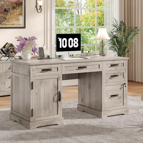 Alohappy 55'' Farmhouse Executive Desk, Home Office Desk with Drawers, Wood Computert Desk with File Cabinet and Power Outlets, Light Wash Gray - color: Light Wash Gray, size: 55''